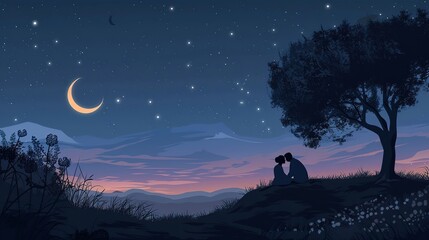 A couple of Muslim lovers who are enjoying the night on a hill with a beautiful view of the stars,
in the month of Ramadan