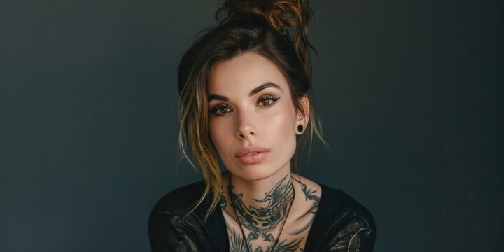 Charming sensual tattoo master female studio photo with copyspace, big beautiful eyes, tender lips, half body photo, professional studio shoot