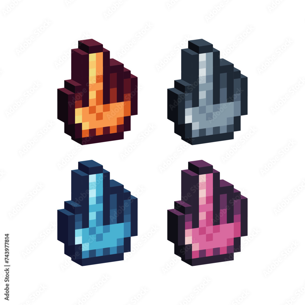 Poster isometric pixel art 3d of hand pointer click icon for items asset.pointer hand icon on pixel bits st