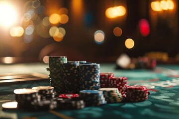 Pila de Fichas de poker en el casino - obrazy, fototapety, plakaty