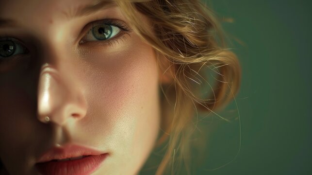 Charming sensual wife female studio photo with copyspace, big beautiful eyes, tender lips, half body photo, professional studio shoot