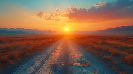  An evocative scene of an open road cutting through a barren desert landscape at sunrise, beckoning adventurers to embark on a journey.