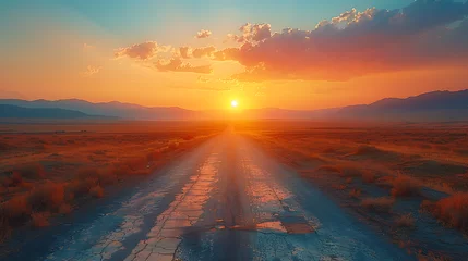 Fotobehang  An evocative scene of an open road cutting through a barren desert landscape at sunrise, beckoning adventurers to embark on a journey. © thisisforyou