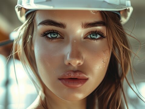 Charming sensual woman in a white construction helmet, beautiful eyes, tender lips, professional photo, studio photoshoot