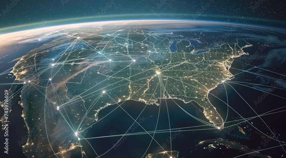 Aufkleber Connecting lines around planet earth, the background of future technology with circles and lines between continents. Internet, social media, travel or logistic concepts.