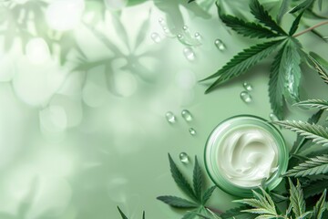 Cosmetic cream with marijuana leaves on a green background with space for text.