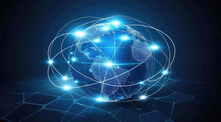 Connecting lines around planet earth, the background of future technology with circles and lines between continents. Internet, social media, travel or logistic concepts.