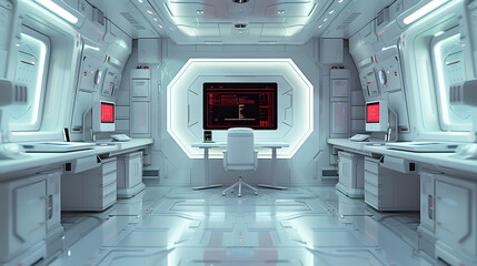 Futuristic control room with sleek desk and chair 

