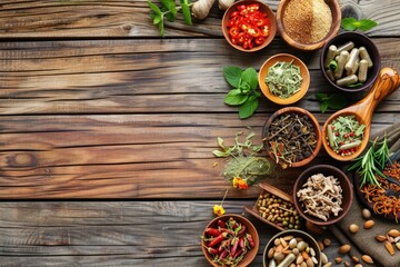 Traditional Chinese herbal medicine selectionon wooden background