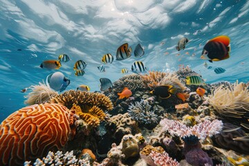 Fototapeta na wymiar Tropical island of Maldives with underwater life, a view of a tropical island and a view under the sea with fish and corals