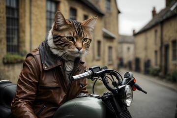 the cat is sitting on the heavy motorcycle like a motorcyclist