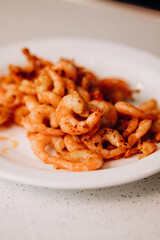 Delicious shrimp and mussels. Seafood on a white plate