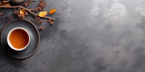 minimalistic design Aromatic pu-erh tea served on grey table, top view