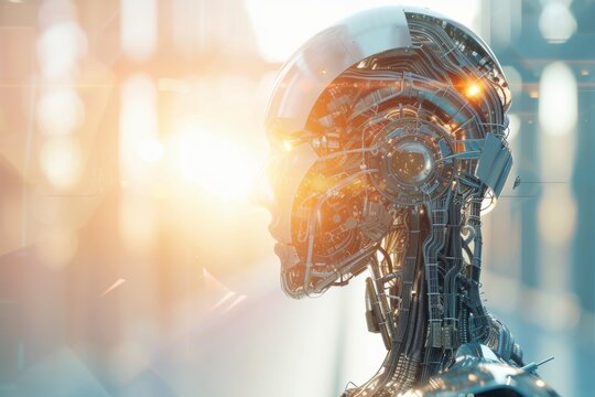 Sunlight reflecting off a metallic AI structure shimmering with technological brilliance