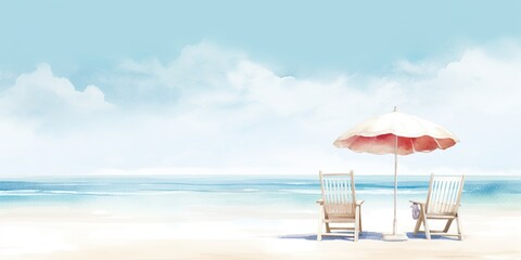 minimalistic design Beautiful beach banner. White sand, chairs and umbrella travel tourism wide panorama - obrazy, fototapety, plakaty