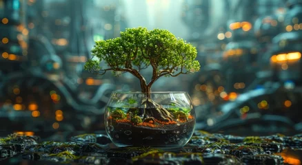 Schilderijen op glas A miniature bonsai tree delicately thrives within the confines of a glass bowl, embodying the beauty and resilience of nature © Larisa AI