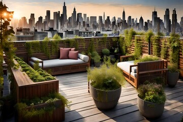 A rooftop garden with overgrown vines, weathered furniture, and a panoramic view of the city skyline.