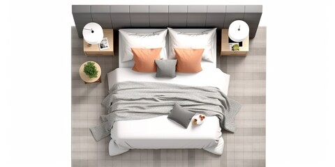 minimalistic design Double bed with carpet, pouf and lamps on transparent background, isolated