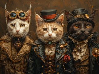 Cute cat wearing retro vintage attire surrounded by elegant vampires and noble werewolves Charming timeless - 743981495