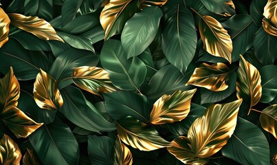 Ai sfondo con foglie verde e oro 01 - obrazy, fototapety, plakaty