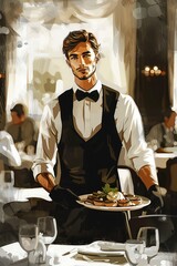 AI illustrazione raffigurante un gentile cameriere, acquarello 01