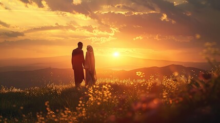 A Muslim couple enjoying the twilight atmosphere on a hill waiting for the time to break their fast in the month of Ramadan