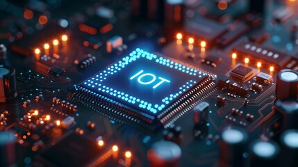 Obraz premium IOT, Internet of things concept, Global Connection Line, Circuit Board, Chip Background, with text 