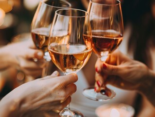 Friends toasting wine glasses having fun at restaurant outdoor terrace, close up professional photo, bright light shoot, festive atmosphere
