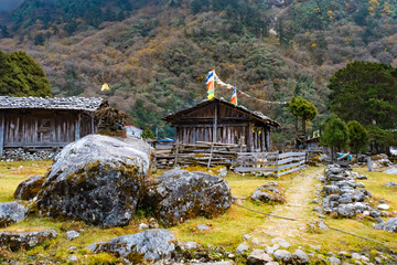 Beautiful Phaley Foley Village Community in Himalayan Landscape of Ghunsa, Kanchenjunga, Taplejung,...