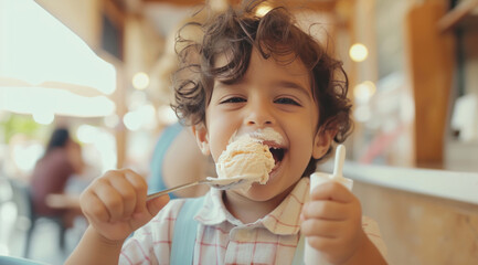 Happy curly boy laughs and licks a large ball of ice cream on a spoon, smearing it on his face. Ice cream day, happy childhood - obrazy, fototapety, plakaty