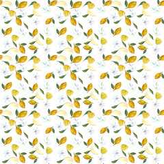 Watercolor seamless pattern with lemon on a white background. Can be used to design compositions, cards, decorations, labels.