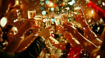A group of friends raise their glasses in a sparkling champagne toast, celebrating a joyful occasion surrounded by festive lights and confetti.