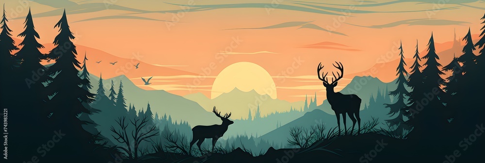 Wall mural a silhouette of a wild animal outlined by a forest vector. concept wildlife photography, animal silh - Wall murals