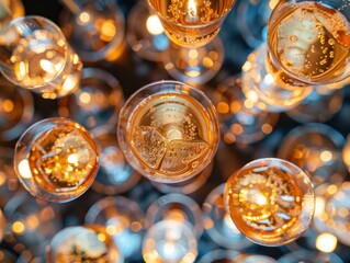 Toasting cocktails glasses at wedding, close up shoot, top view, professional photo, great festive atmosphere