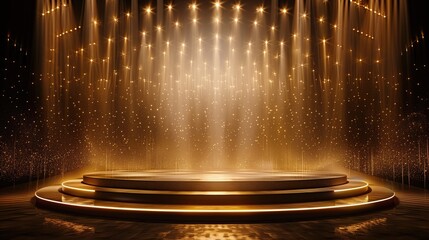 Golden Podium Stage Illuminated by Mesmerizing Hanging Light Lamps - obrazy, fototapety, plakaty