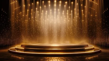 Fotobehang Golden Podium Stage Illuminated by Mesmerizing Hanging Light Lamps © Tasnim