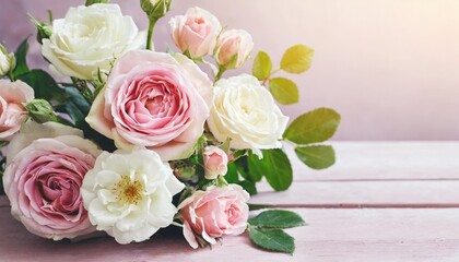 Obraz na płótnie Canvas delicate blooming festive light pink and white flowers blossoming rose flower pastel background roses bouquet floral card