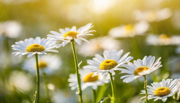 wild daisy flowers growing on meadow warm sunny defocused natural background