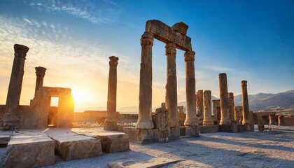 sunrise in persepolis capital of the ancient achaemenid kingdom ancient columns sight of iran ancient persia beautiful sunrise background - obrazy, fototapety, plakaty