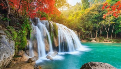 Fototapeta na wymiar wonderful waterfall with colorful tree in thailand