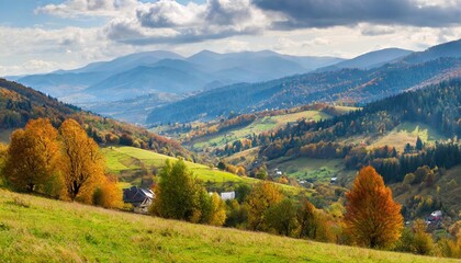 rural area of carpathian mountains in autumn village in the distant valley trees on the hills in fall colors distant mountain ridge beneath a sky with clouds - obrazy, fototapety, plakaty