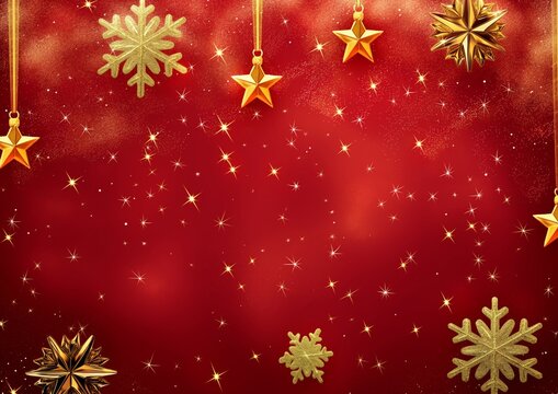 Christmas red background with golden stars and snowflakes, bokeh confetti like style, in the style of red, large canvas paintings, the stars art group pure color, copy space.