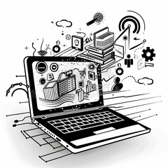 a minemalistic black line illustration of a laptop with background of line illustrations of computer science