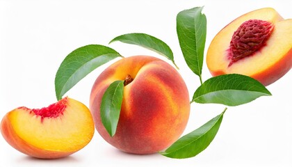 peach isolated whole peach flying with a slice on white background falling peach fruit with leaf...