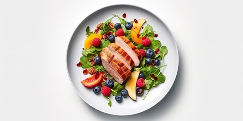 minimalistic design Gourmet salad with smoked duck fillet, fruit and berries, arugula and lettuce