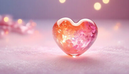 Crystal pink heart  on the snow christmas valentine background with copy space, banner, holiday or birthday