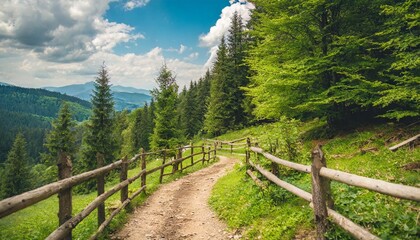 Fototapeta na wymiar green summer scene in carpathian woods outdoor scenery with trail and wooden fence in the forest
