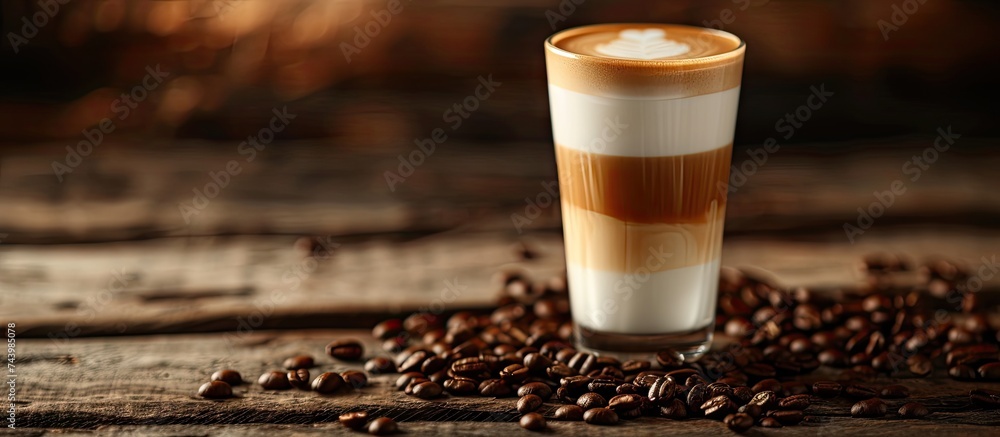 Poster caramel macchiato coffee milk and caramel drink in glass on wooden table with coffee beans sweet dri