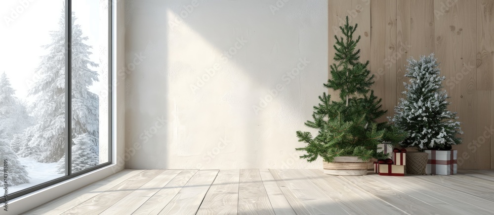 Poster Empty wooden board in room decorated for New Year celebration space for design. with copy space image. Place for adding text or design