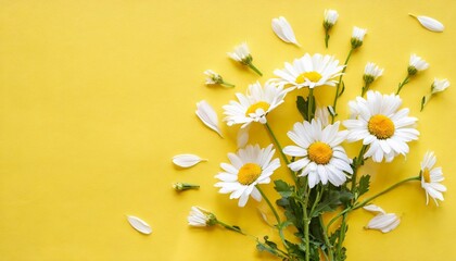 Fototapeta na wymiar flowers composition chamomile flowers on yellow background spring summer concept flat lay top view copy space square